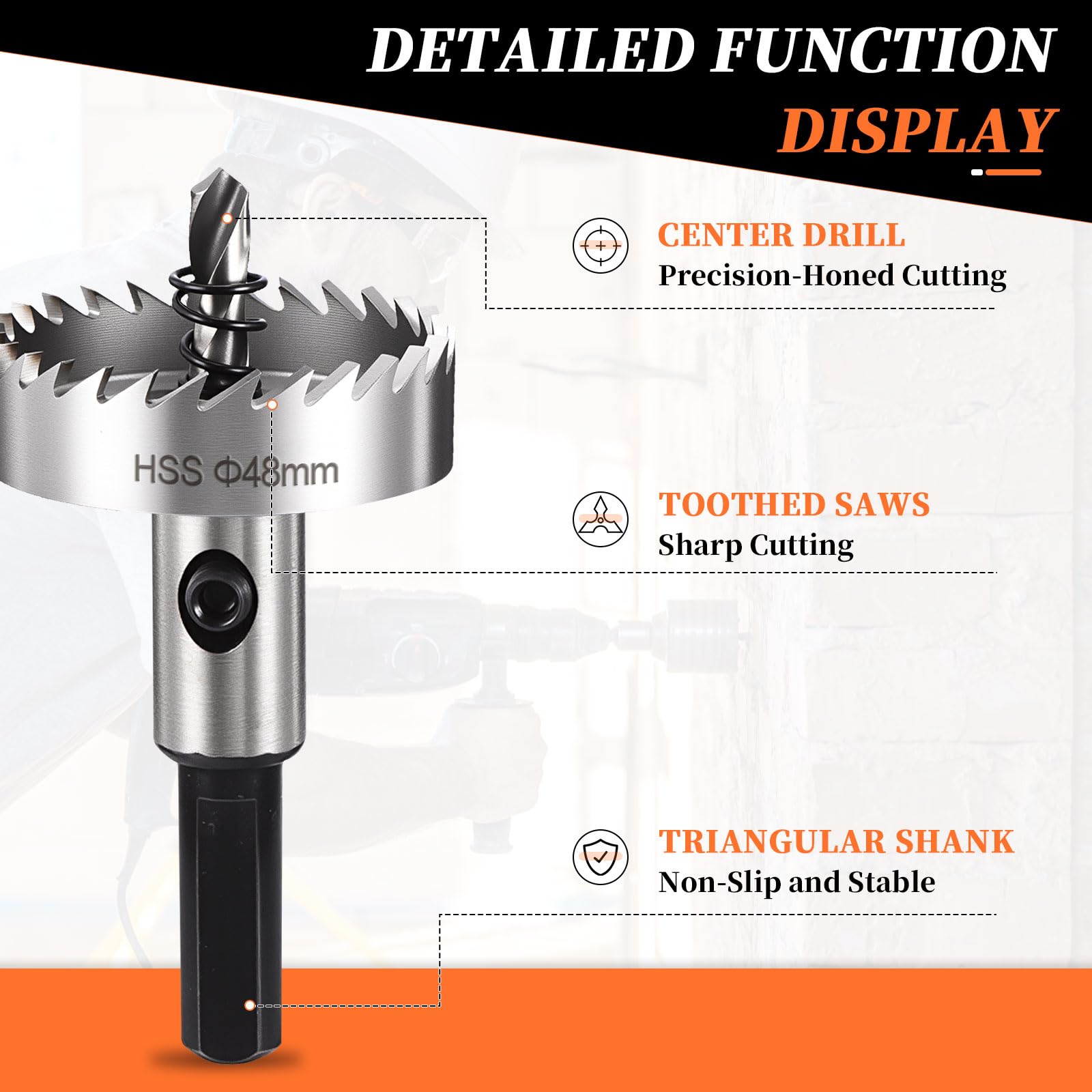 METALLIXITY Hole Saw 48mm (1-57/64"), M2 High Speed Steel Hole Cutter with Center Drill Bit, Hex Key and Spring - Image 3