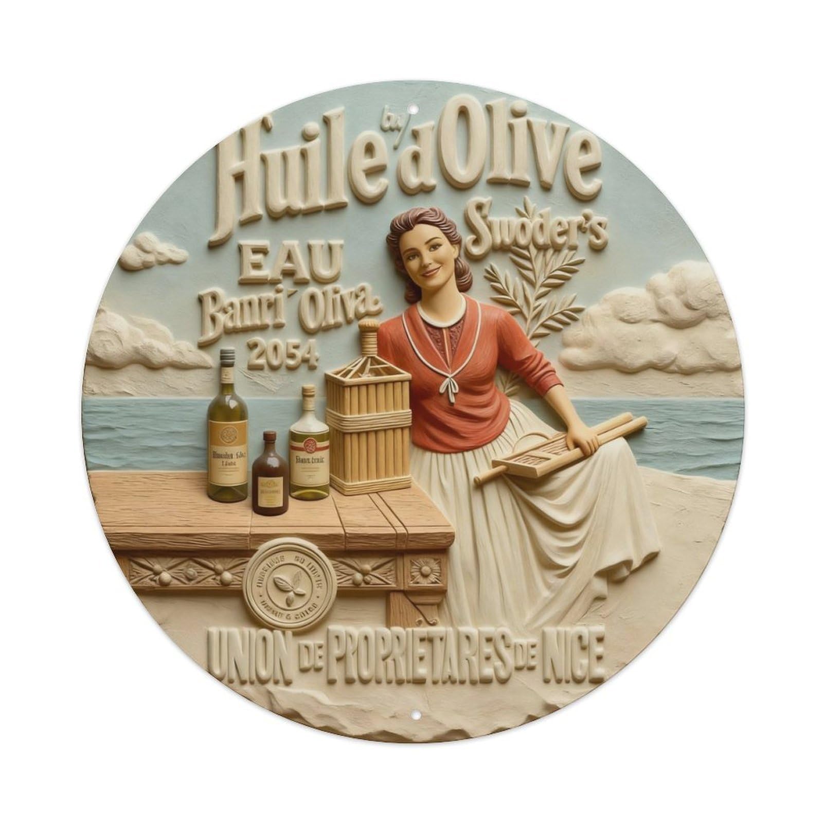 Vintage Olive Oil Label Woman Table Bottles Sea Background Round Metal Tin Sign Vintage Wall Decor, Bar Garage Cafe Kitchen Home Wall Art Poster 8x8inches
