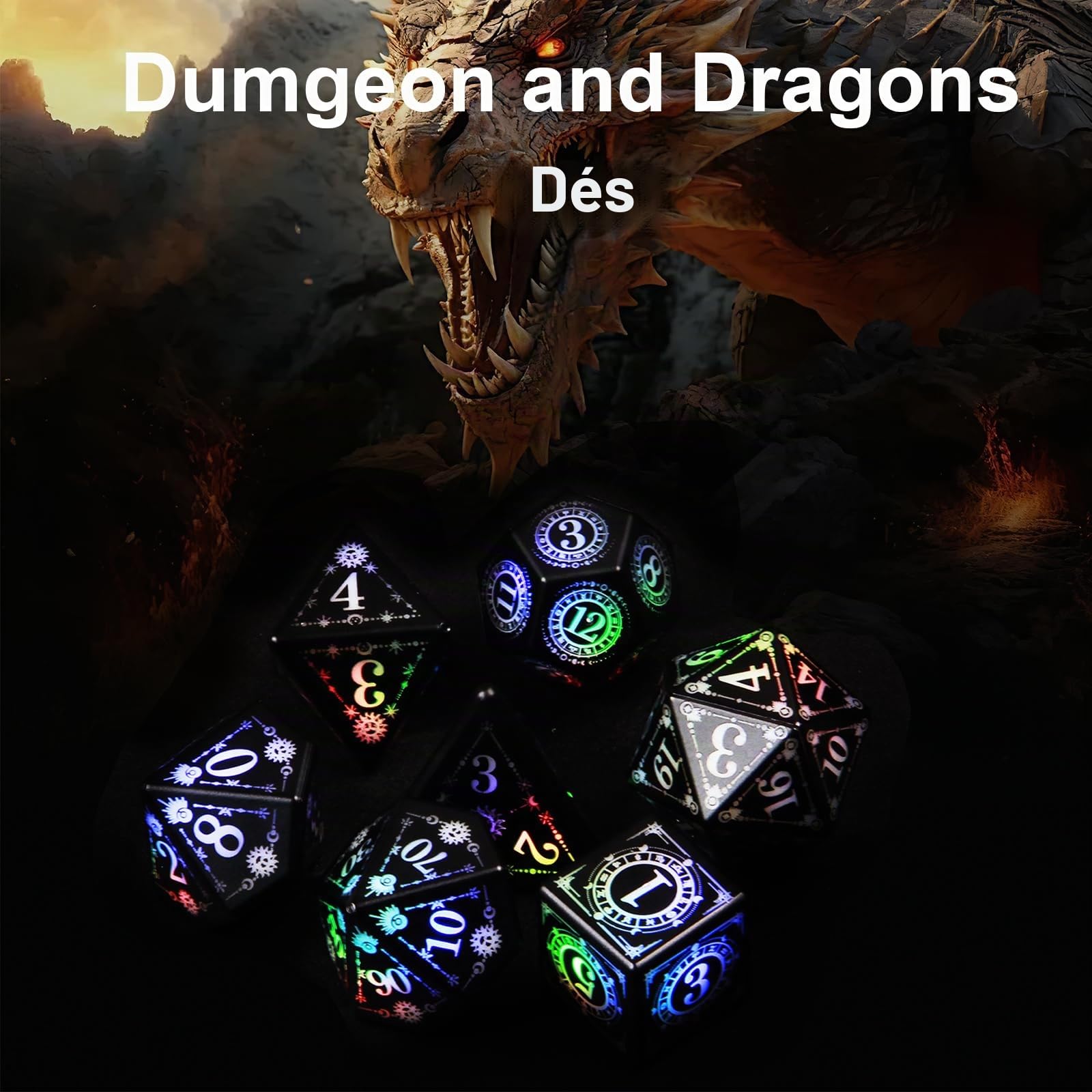 ORUZA Lot de 7 dés lumineux DND à DEL rechargeables avec boîte de charge, dés D&D polyédriques lumineux pour jeux de rôle Donjons et Dragons RPG MTG