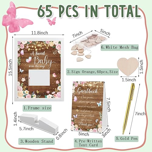 Miniatura 2 de Kosiz Marco de libro de invitados de madera rústica floral para baby shower, libro de invitados con diseño de mariposa rosa con corazones de madera