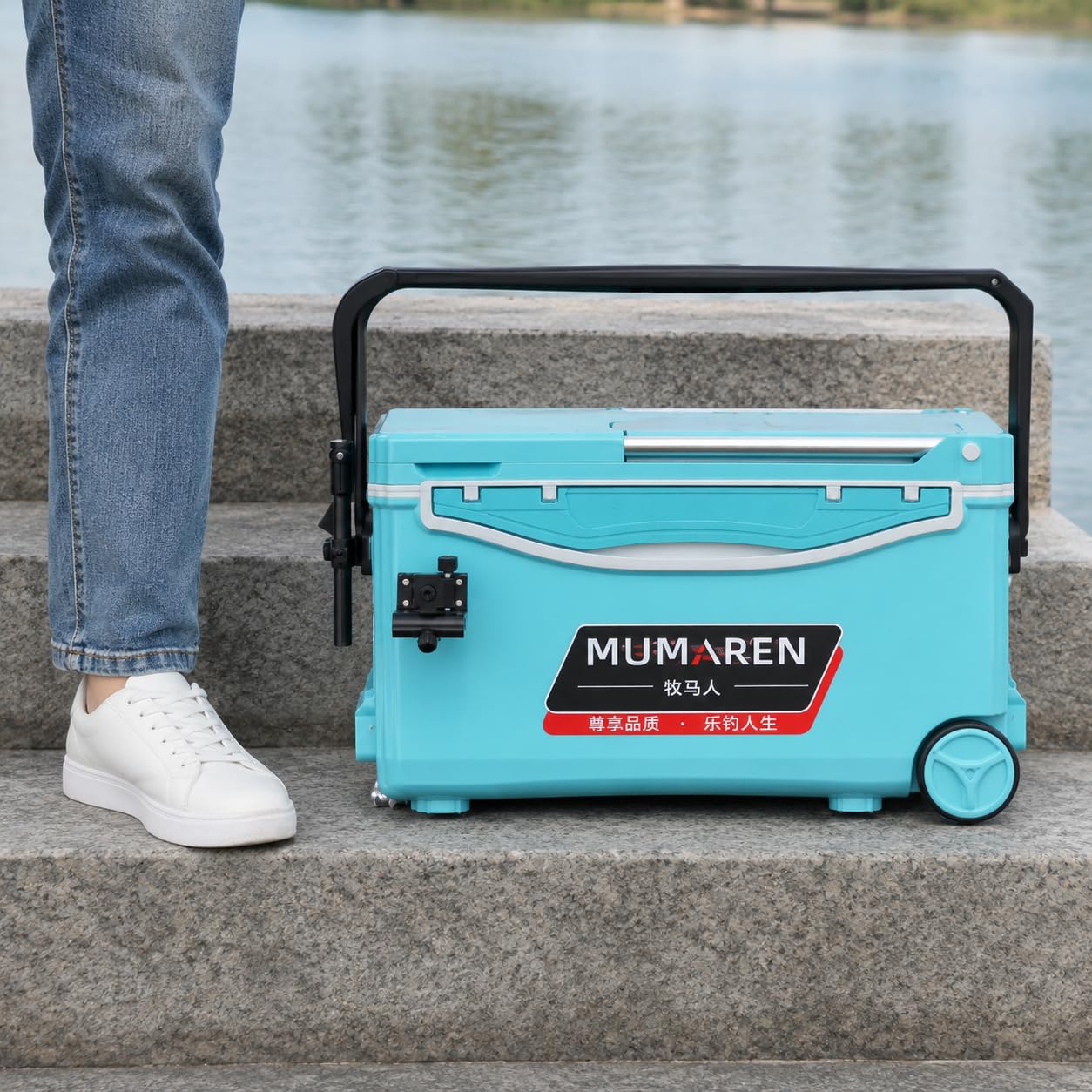 Boîte rangement matériel pêche avec siège et roues, boîte pêche 25-32 L en plastique bleu clair, sans montage