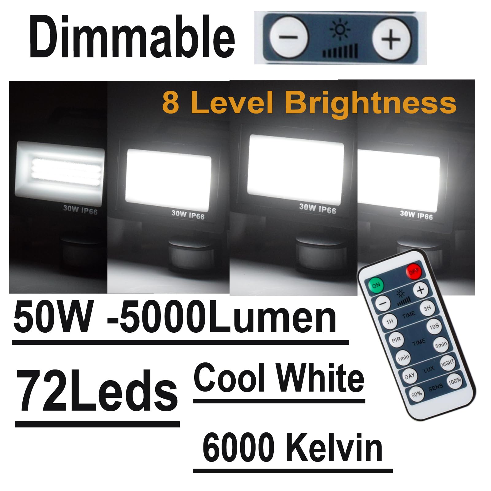Etrogo 50W Faretto Led da Esterno con Sensore di Movimento y Telecomando 72 Leds 3000K Bianca Calda 5000Lm Dimmerabile IP66 Impermeabile Per Giardino Cortile Garage
