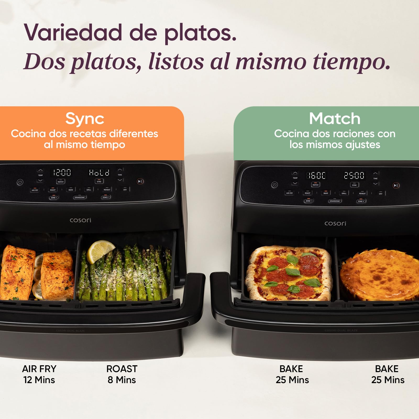 Cosori Freidora de Aire 8,6L Dual Blaze TwinFry Compact, sin PFAS ni Teflon | Revestimiento Cerámico sin PFAS, Tecnología Dual Blaze™, Divisor para 1 o 2 Zonas, Modos SYNC&Match, 6 Funciones, 2700W
