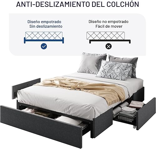 Miniatura 8 de Allewie Base de cama de plataforma de tamaño matrimonial con 3 cajones de almacenamiento, tapizada de tela, soporte de listones de madera, no Cuero