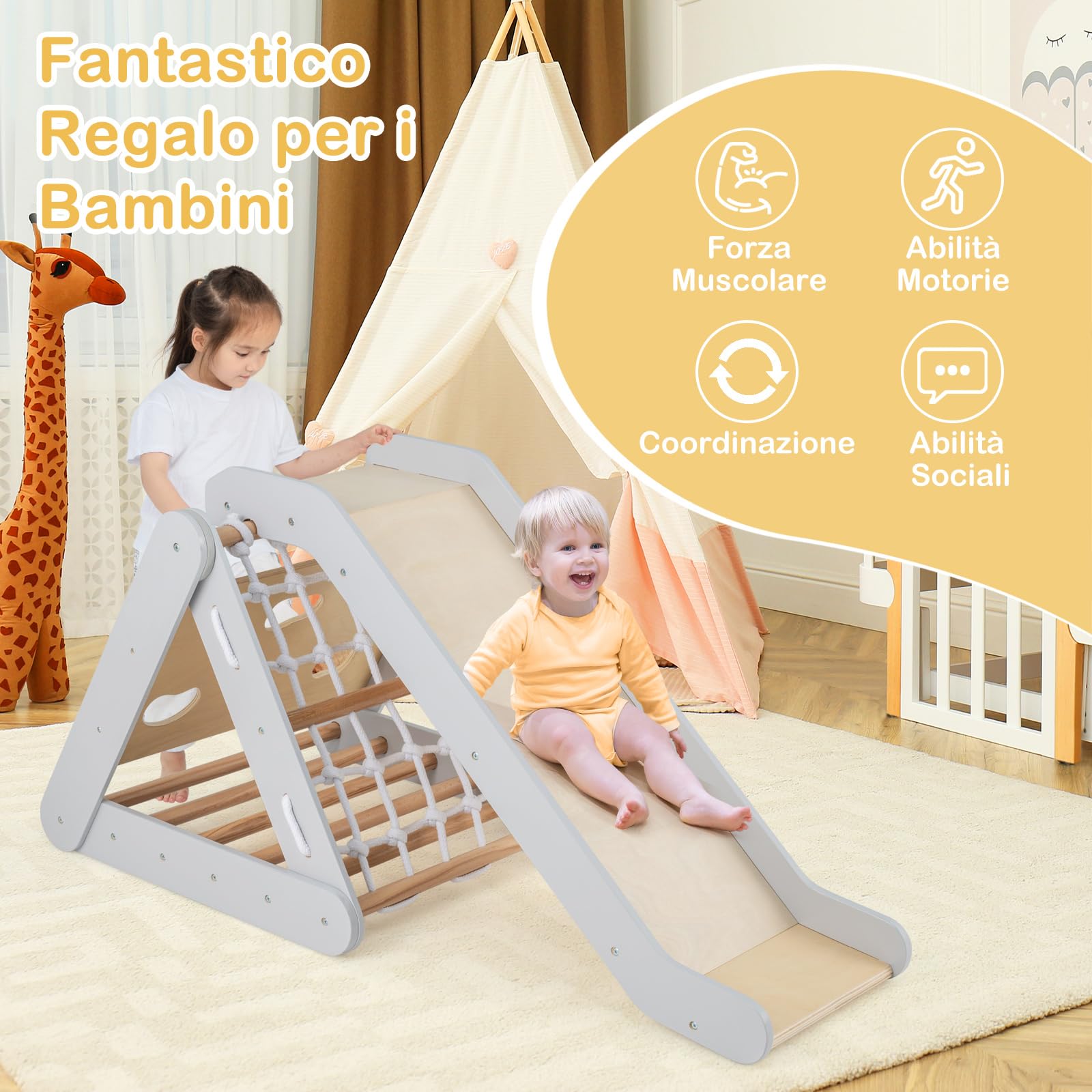 RELAX4LIFE 4 en 1 Trepa Triángulo de Madera con Rampa, Red de Escalada, Escalera y Tablero, Escalada Triángulo Infantil con Tobogán para Sala de Estar, Habitación de Niños, Guardería (Gris)