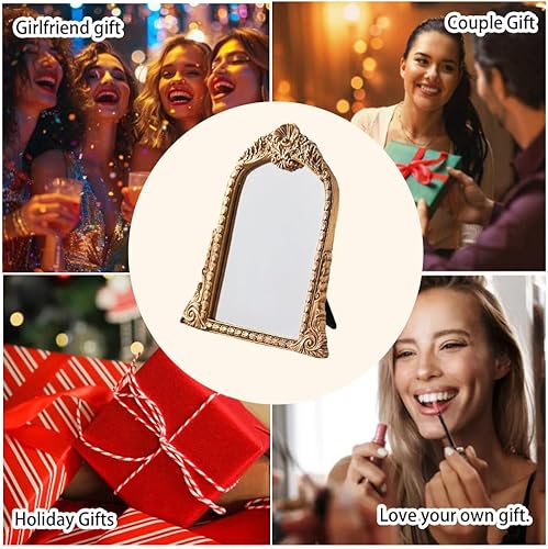 Miniatura 7 de Espejo de escritorio con arco dorado retro, 10.2 x 7 pulgadas, espejo de mesa de tocador de resina antigua con soporte para oficina y decoración del