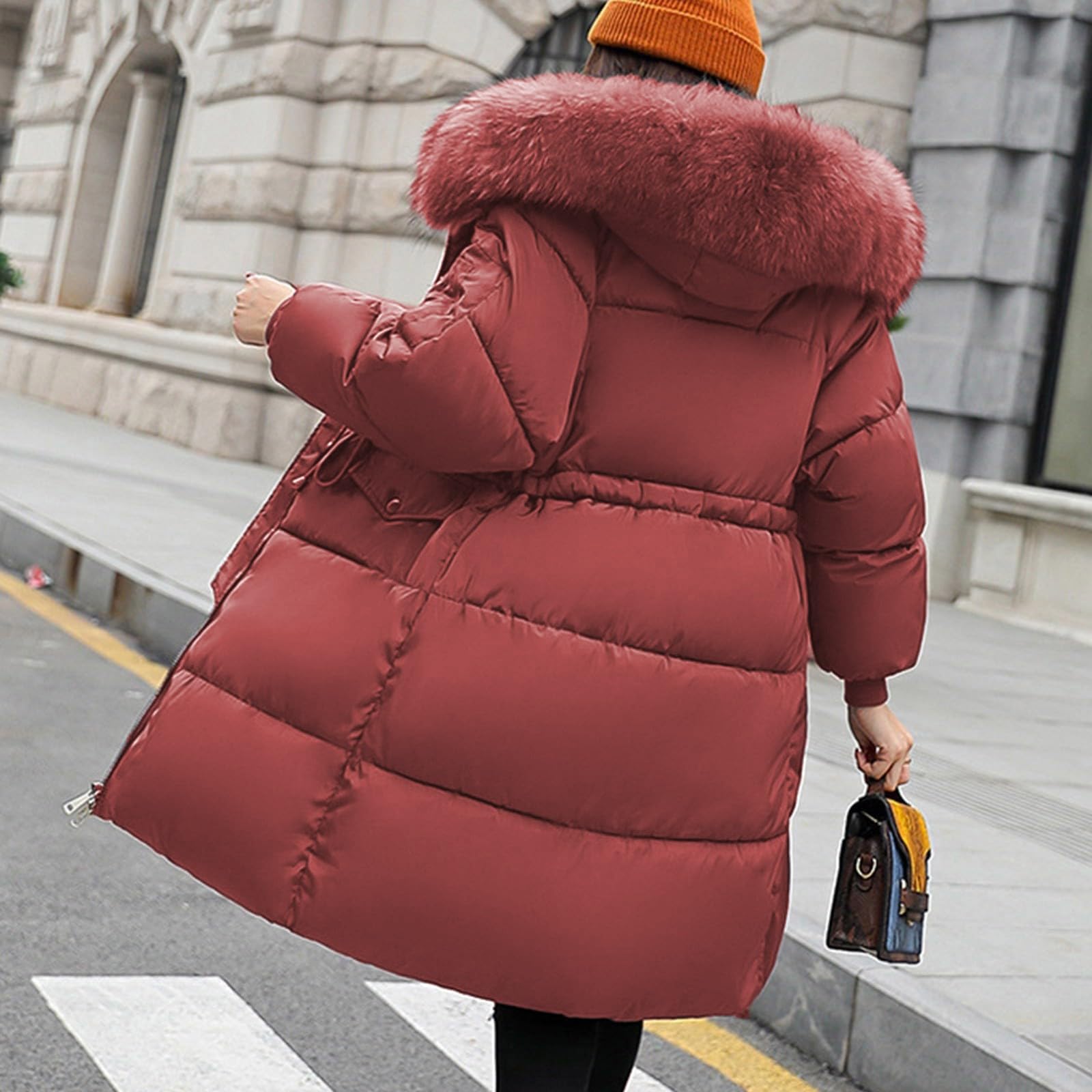 Piumino lungo da donna invernale caldo piumino lungo per le donne con cappuccio tinta unita giacca trapuntata a maniche lunghe con tasche imbottite impermeabili trench con cappuccio in pelliccia