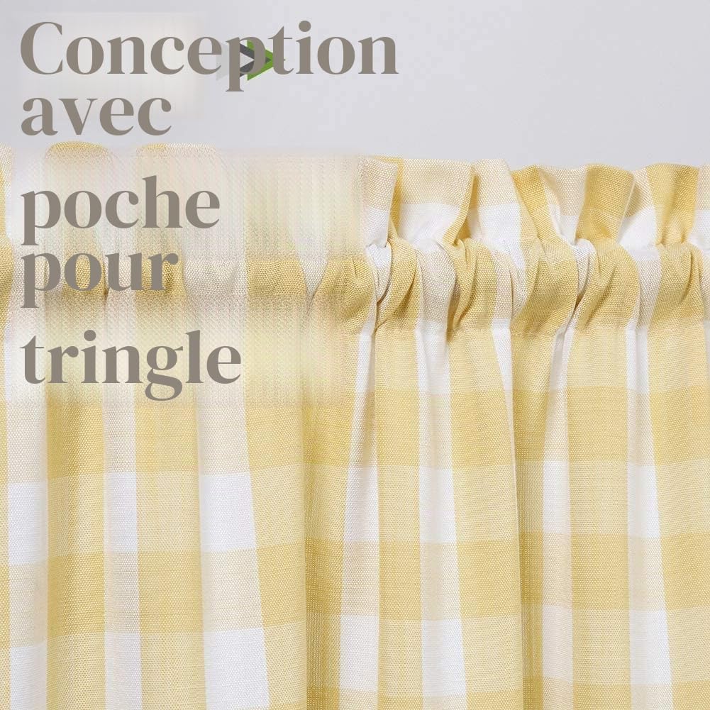 Lot de 2 Rideaux de café à Carreaux de Buffle de 91,4 cm de Long – Rideaux Courts avec Passe-Tringle pour fenêtre de Cuisine et Salle de Bain, Jaune et Blanc, 71,1 x 91,4 cm – Jaune/Blanc