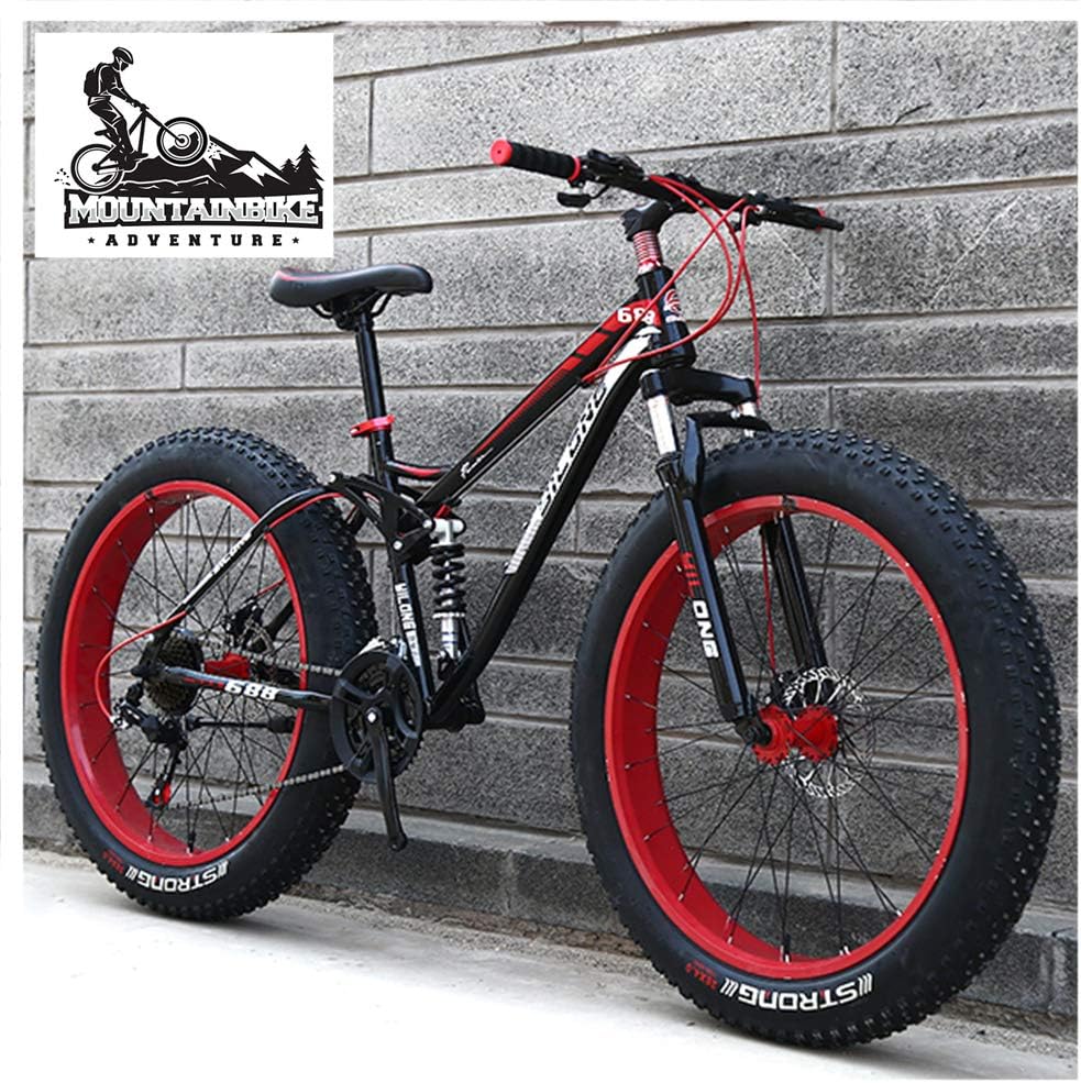 Dual-Suspension Mountain Bikes with Dual Disc Brake for Adults Men Women, All Terrain Anti-Slip Fat Tire Mountain Bicycle, High-carbon Steel Mountain Trail Bike,Red,24 Inch 21 Speed