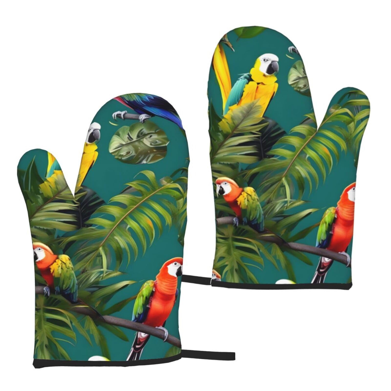 Nimongt Women's Black Tropical Plants And Parrots Print Adults Universal Fit Heat Resistant Oven Gloves Reusable Cooking Outdoor Grilling