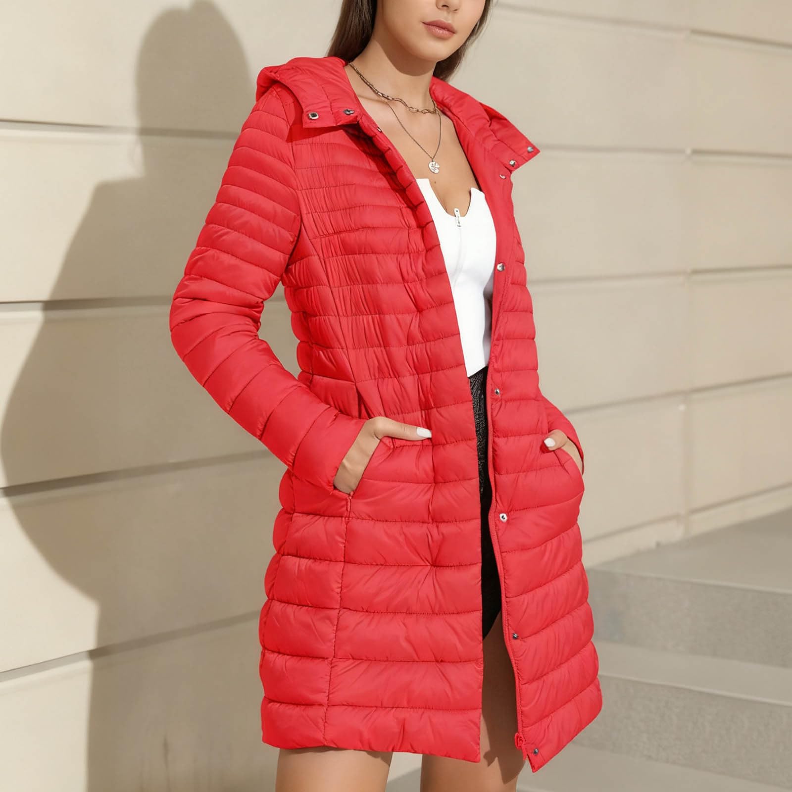 Doudoune légère pour femme – Doudoune à capuche pour femme, manteau d'hiver long en coton doux, rembourré matelassé, coupe-vent, résistant à l'eau, isolé, pour la marche et la randonnée