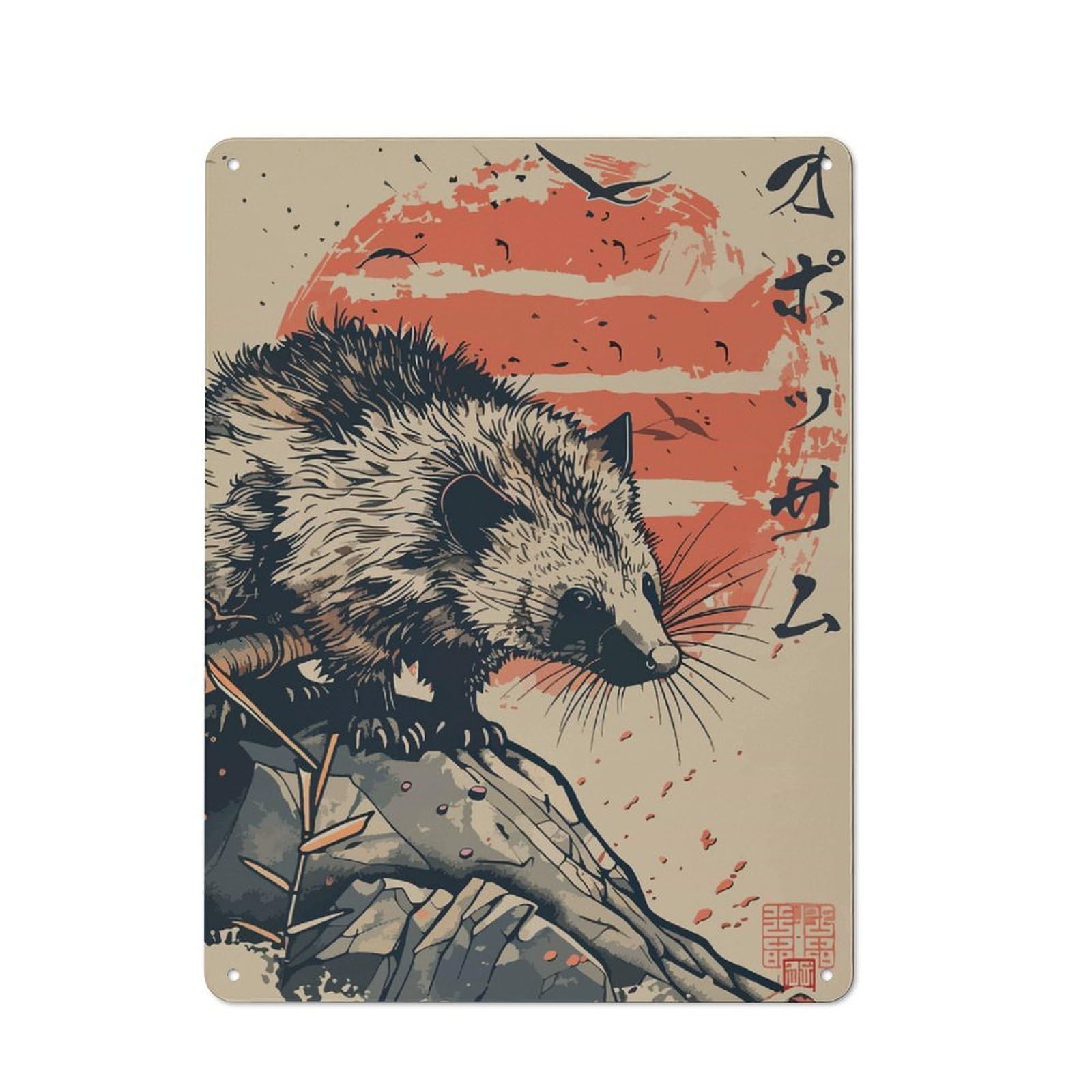 Junmoney Style-19 Industrial Vintage Japanese Opossum Decorative Metal Plaque 40X30cm, Studio Wall Art For Flat, Bar, Studio Or Gallery Wall