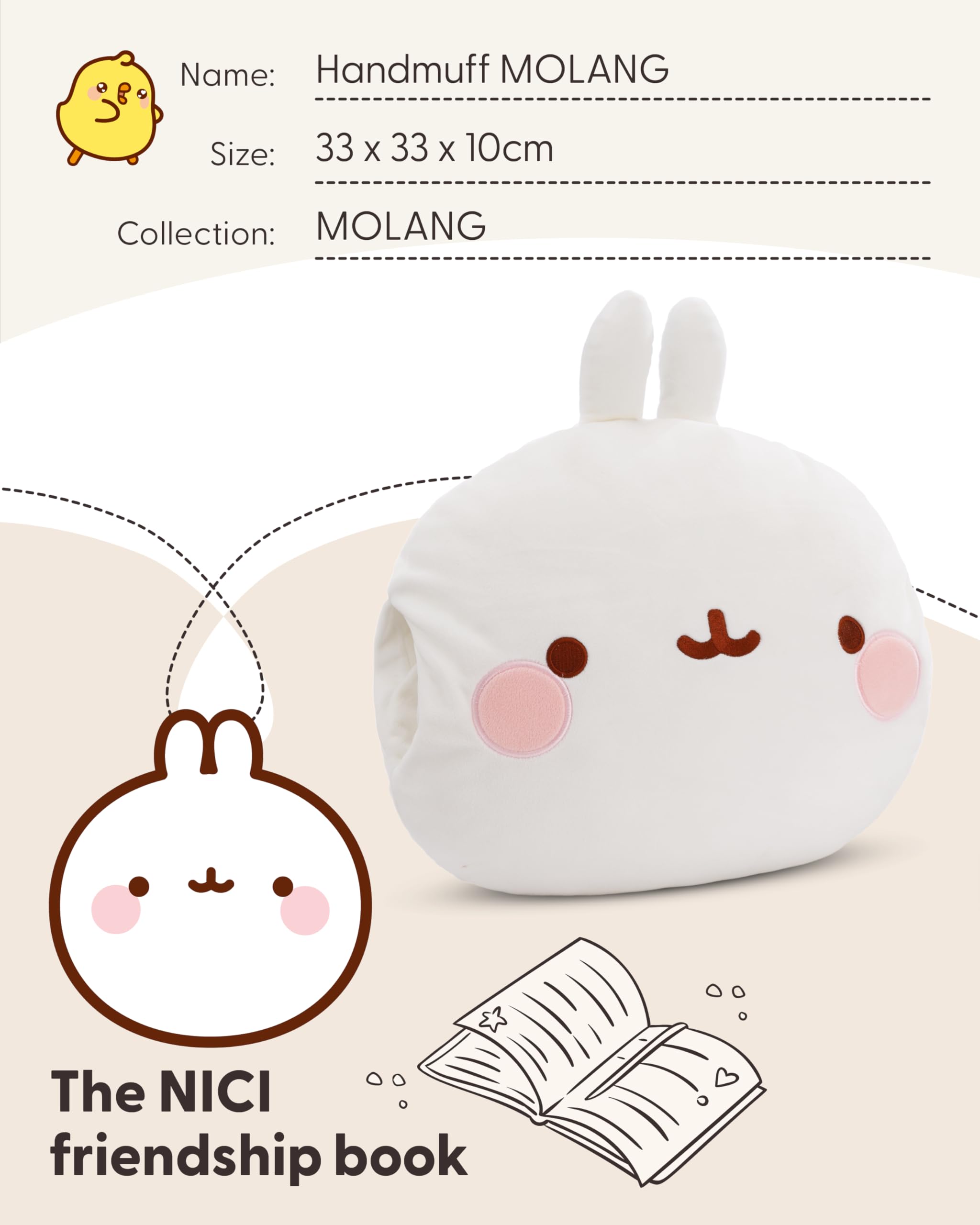 NICI Pluszowa mufka Molang 33×33×10 cm – puchaty ocieplacz do rąk z twarzą Molanga, idealny na chłodne dni | 61169