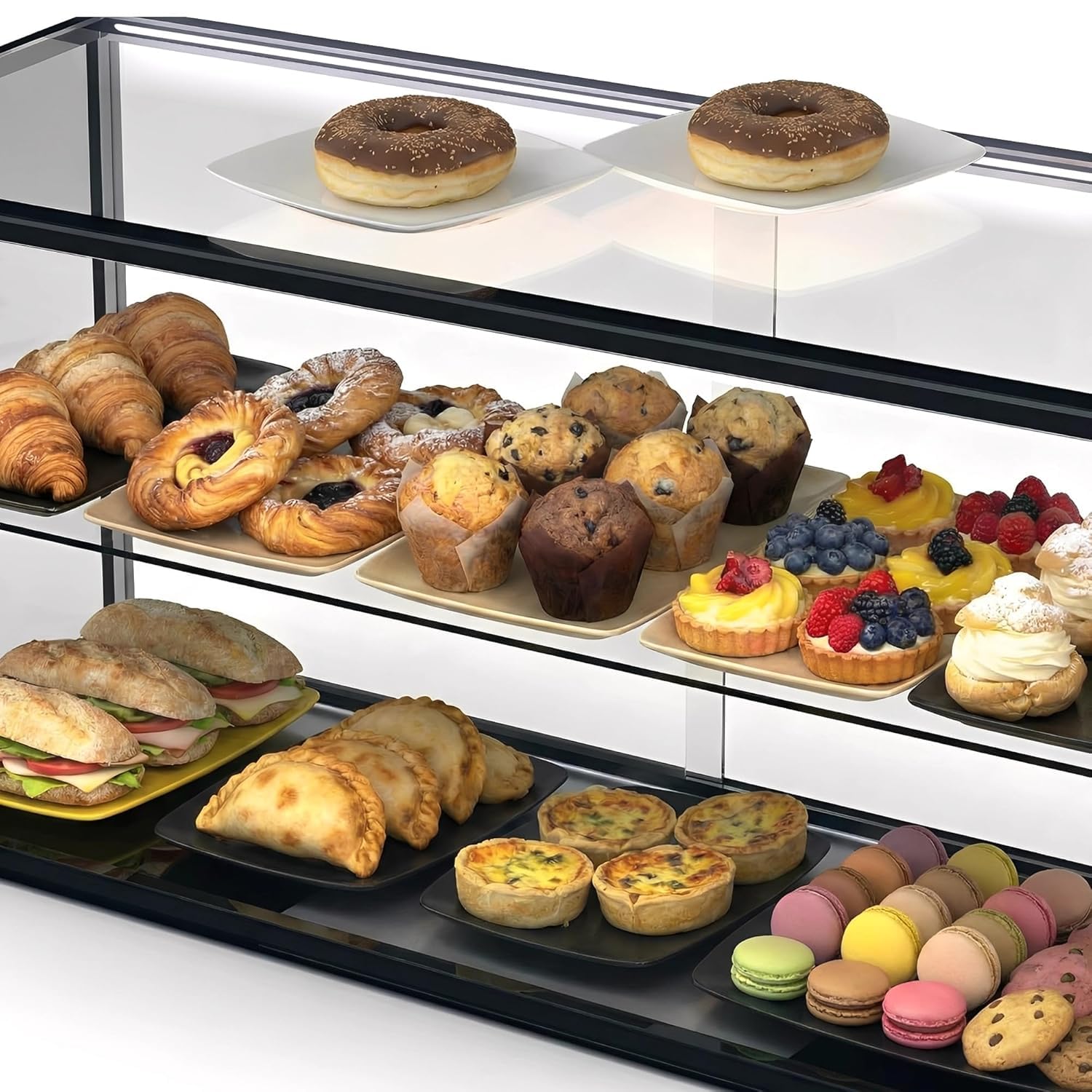 MBH - Vitrine neutre de comptoir 92x39 cm, vitrage droit trempé, 2 niveaux, avec éclairage LED, portes arrière coulissantes, pour bar, café, restaurant, viennoiseries et pâtisserie.