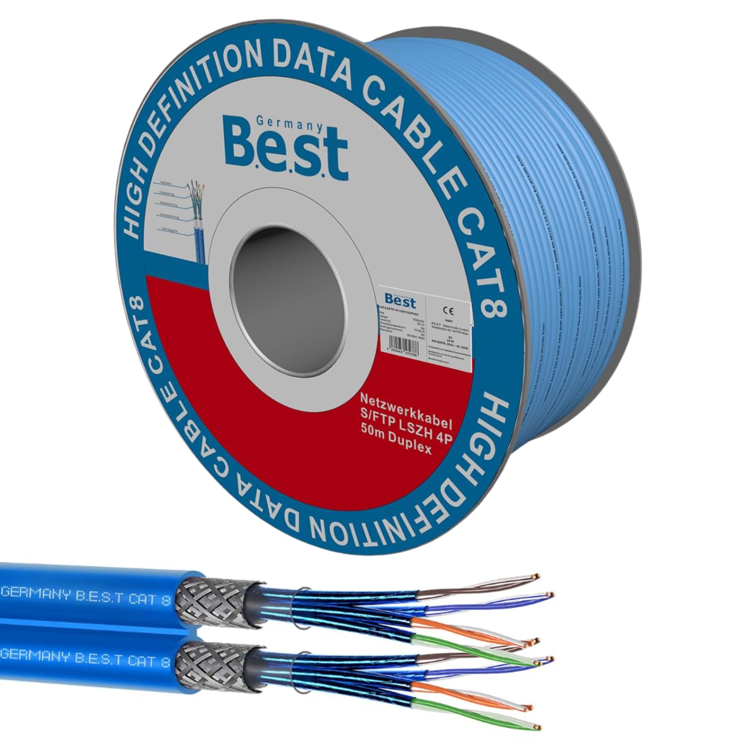 Germany B.e.s.t Cavo di rete duplex CAT 8, 50 m, in rame, LAN, S/FTP, 40 Gbps, cat, 8, in puro rame, cavo dati PoE++ LSZH