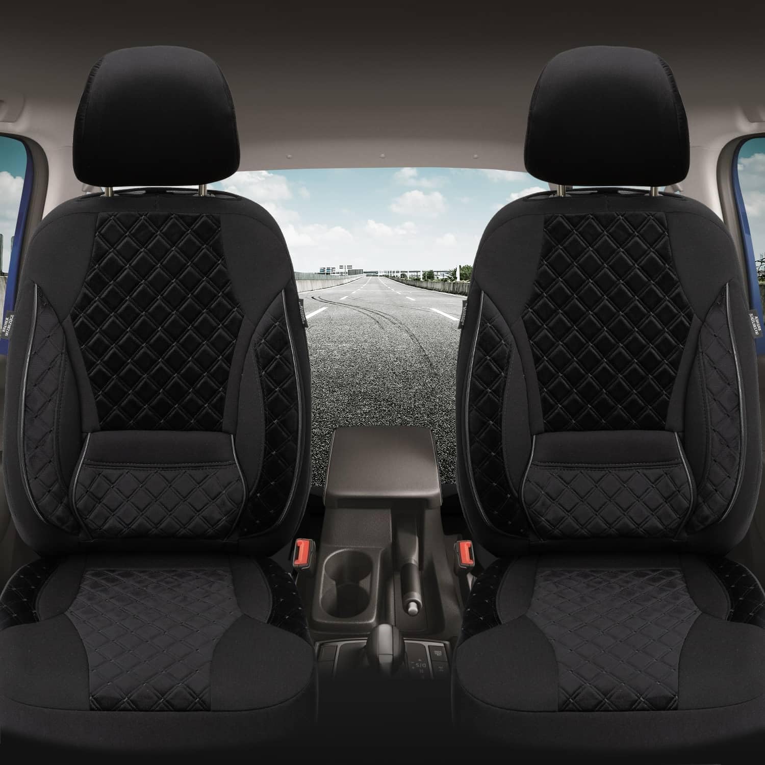 Autositzbezüge Universal für PKW, SUV – Premium Vordersitzbezüge Schwarz, hochwertig verarbeitet für mehr Sitzkomfort, Airbag-kompatibel, Schonbezüge für Fahrer & Beifahrersitz mit Rückentasche