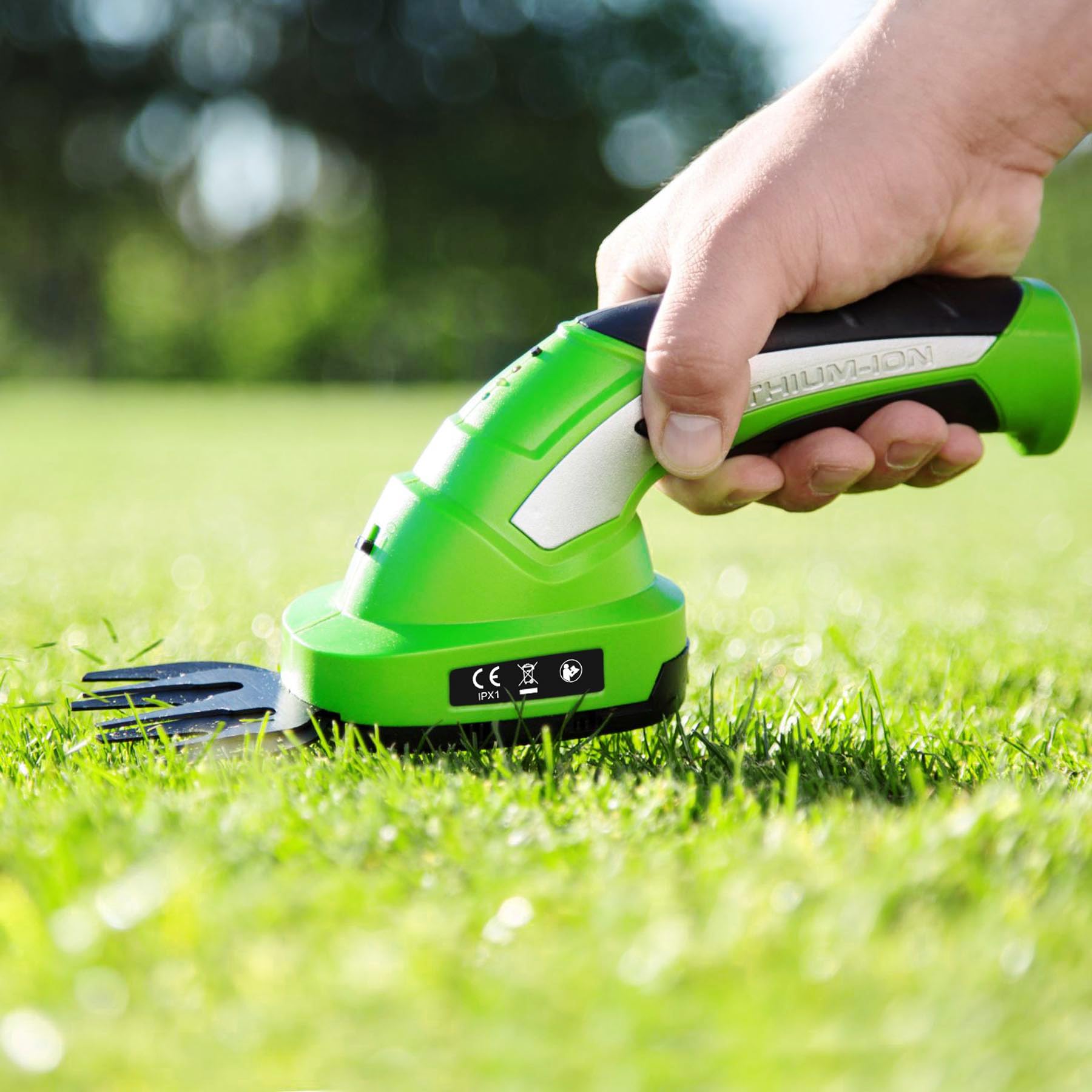 TecTake® Cortacesped Electrico 2 en 1, Cuchilla para Setos y Arbustos, 7,2V, Incluye 2 Cuchillas, Desbrozadora Electrica, Mango Telescópico con Ruedas, Cortasetos Electrico, Indicador de Carga - Verde
