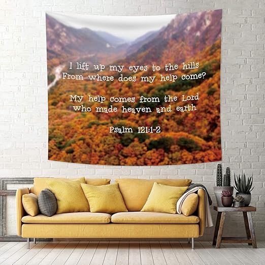 Amazon Co Jp Qinunipoto タペストリー 山の森 秋の景色 英語 Psalm 詩編 聖書 アルファベット 180x160cm 外国語 格言 箴言 名言 吊り布 壁の装飾 アート 多機能布 大判 インテリア アートポスター 撮影用 ビデオ会議 背景 モダンアート 室内装飾 模様替え モダン 窓