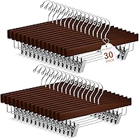 Vista 1 de Sieral Paquete de 30 perchas de madera para pantalones con clips de madera maciza, faldas de madera maciza con 2 clips ajustables, gancho giratorio