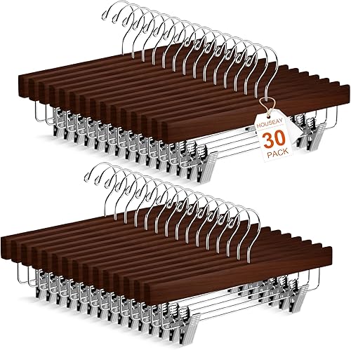 Sieral Paquete de 30 perchas de madera para pantalones con clips de madera maciza, faldas de madera maciza con 2 clips ajustables, gancho giratorio