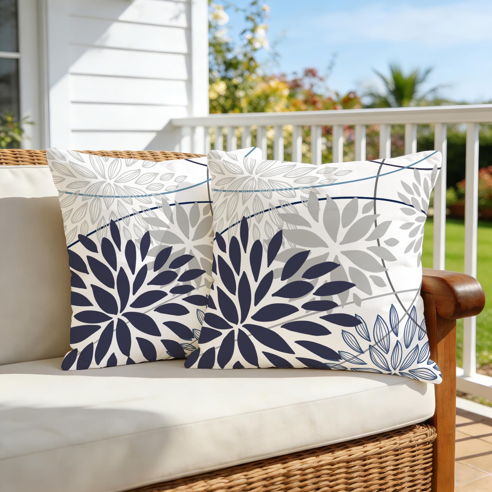 JOTOM Lot de 2 housses de coussin carrées imperméables et décoratives pour extérieur, patio, canapé, banc, tente, décoration intérieure - Motif floral bleu et gris - 40 x 40 cm