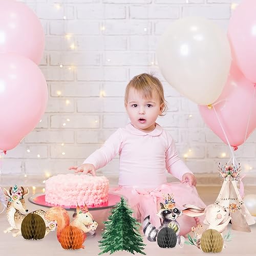 Miniatura 7 de Decoraciones para baby shower con diseño floral de bosque y panal, centros de mesa con diseño de flores rosadas, flores bohemias y criaturas del