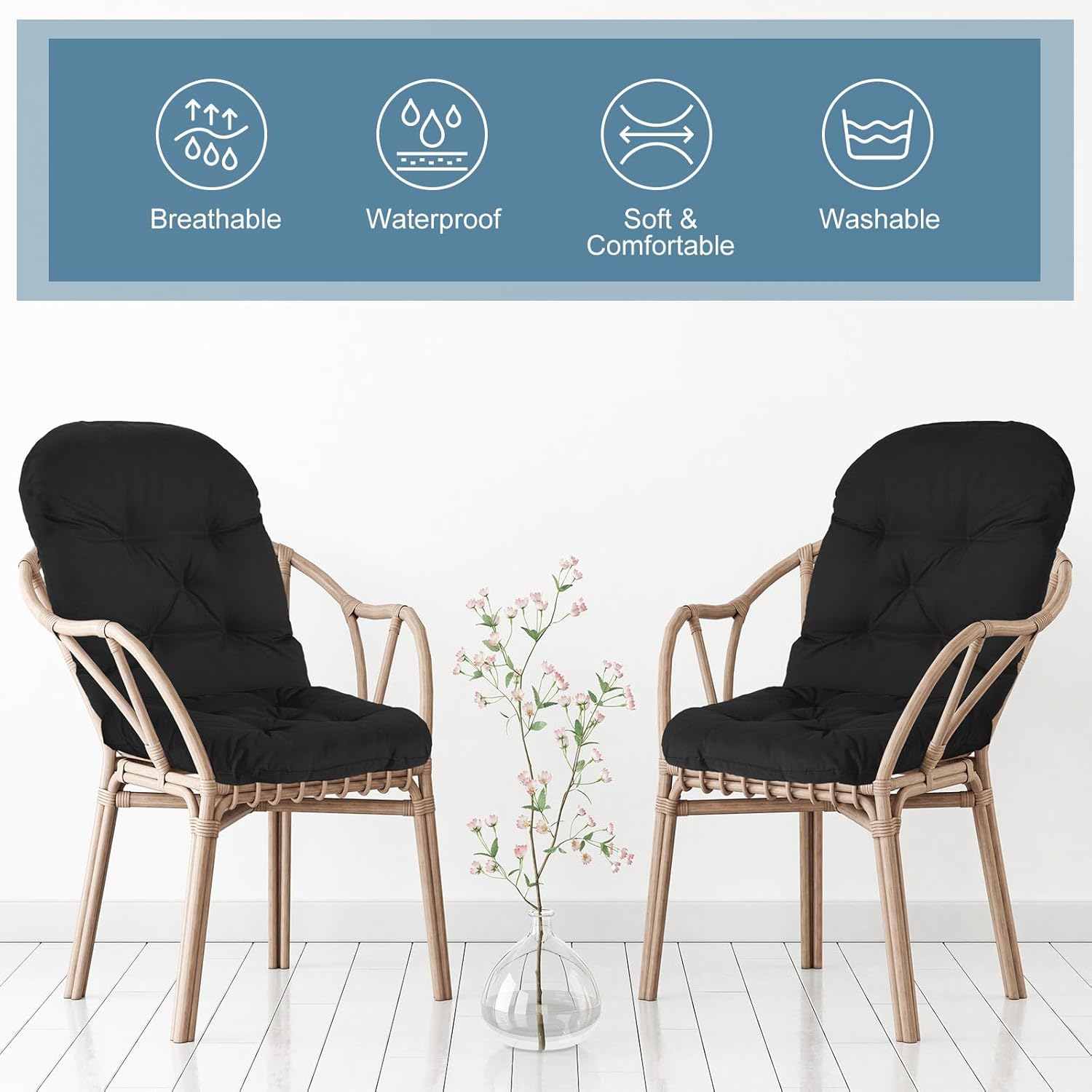 4 Set Outdoor High Back Chair Cushions 47 x 20 Inch Rocking Chair Cushions Waterproof Fade Resistant Comfort Replacement Seat Pads with Ties for Patio Lawn Yard Porch Home Office(Black)