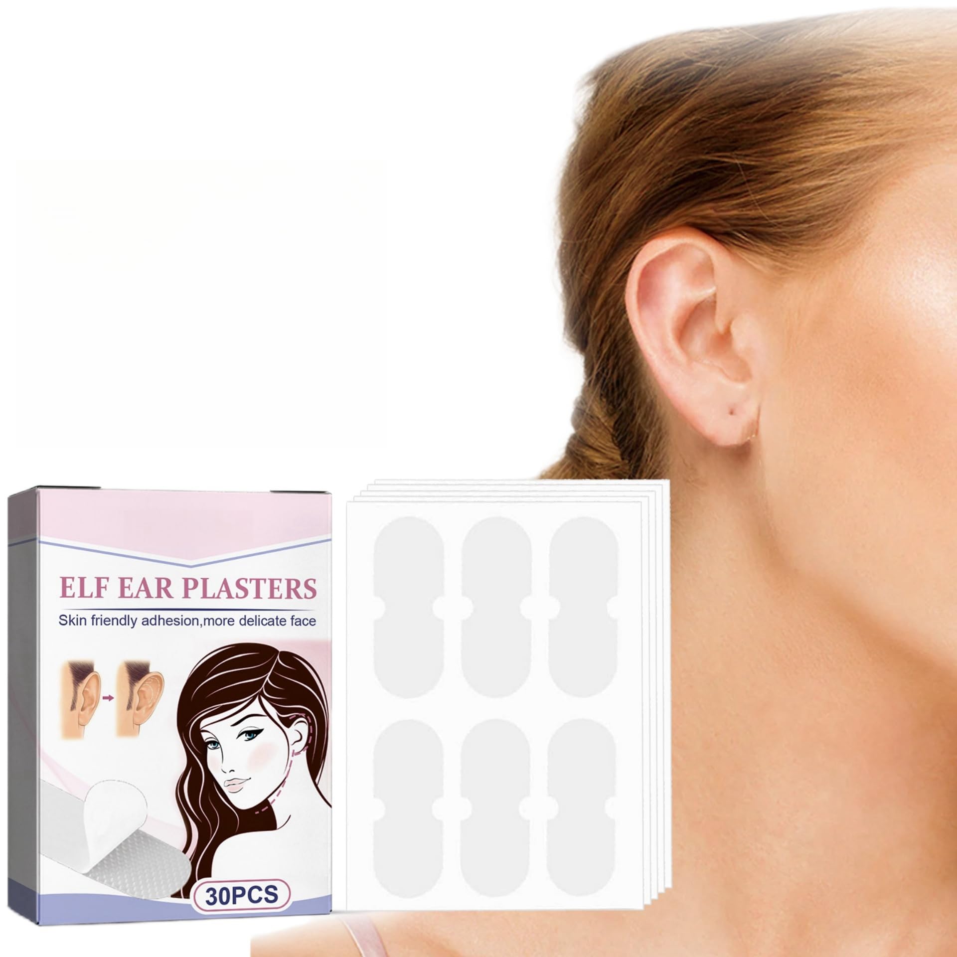 Elf Ear Plasters 30 Pieces, Invisible, Breathable, Waterproof Ear Correction Patch That Makes Your Face Look Small, Natural and Seamless Blend, Ear Correction and Fixation, Adjustable