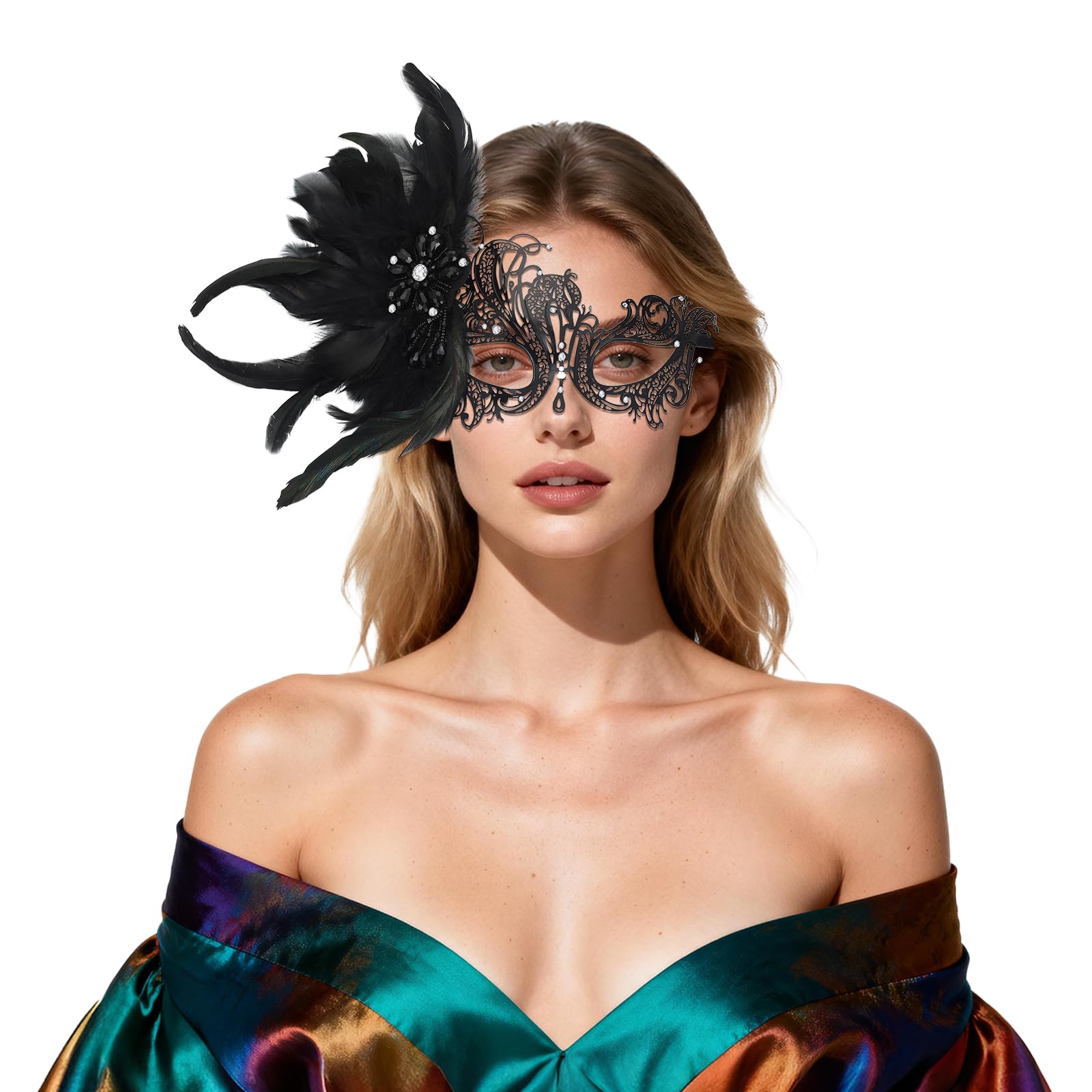 Oidea Feather Masquerade Mask for Women: Rhinestone Lace Metal Half Face Antique Venetian Mardi Gras Masks Halloween Cosplay Party Prom Ball Costume Accessory Black — image 1
