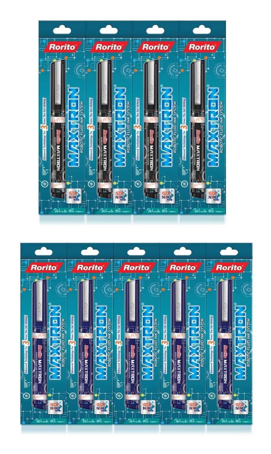 Rorito Maxtron Pens Set 9 Pens 5 Blue 4 Black 05mm Meta Metal Tip Smooth Writing Waterproof Ink Long Lasting Ink Tank Controlled Flow Gel Pen for Office And School-image-45