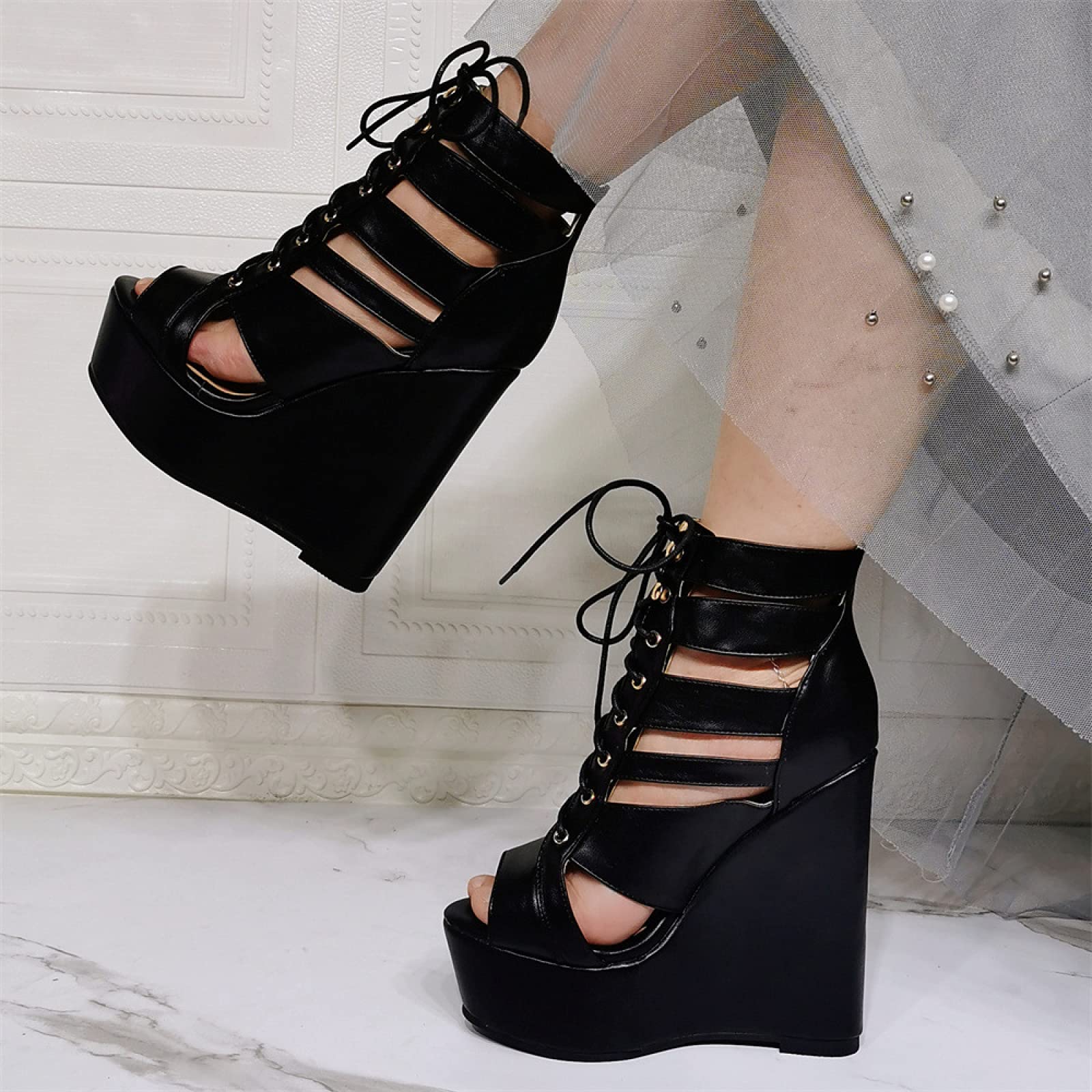 Sandali con Zeppa di Grandi Dimensioni da 15 cm in Pizzo con Tacco Alto Sexy 36-52, Black-44