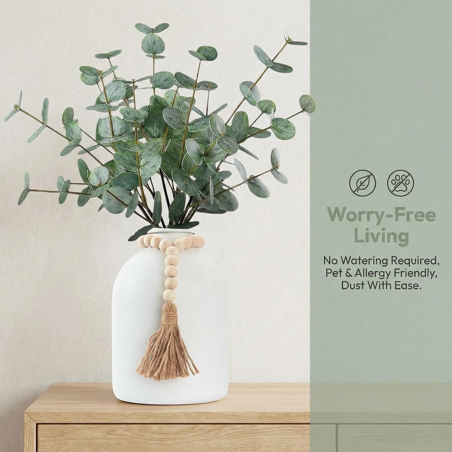 6 Pcs Artificial Eucalyptus Stems in Large White Vase ,18" Artificial Greenery Stems Centerpieces Fake Eucalyptus Stems 9 in Tall Vase Home Decor Coffee Table Kitchen Table Centerpieces Decor (White)