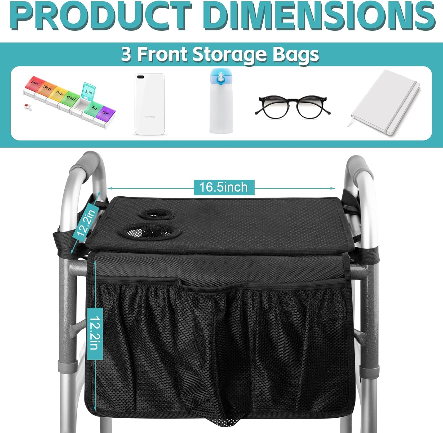 Walker Tray for Folding Walker - Trays for Walkers for Seniors with Cup Holders & Non-Slip & Multiple Front Pockets, Walkers Accessories Basket and Bag Tray for Elderly, Easy Assembly
