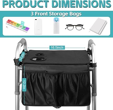 Walker Tray for Folding Walker - Trays for Walkers for Seniors with Cup Holders & Non-Slip & Multiple Front Pockets, Walker Accessories Walker Basket and Bag for Elderly Fits Most Standard Walker