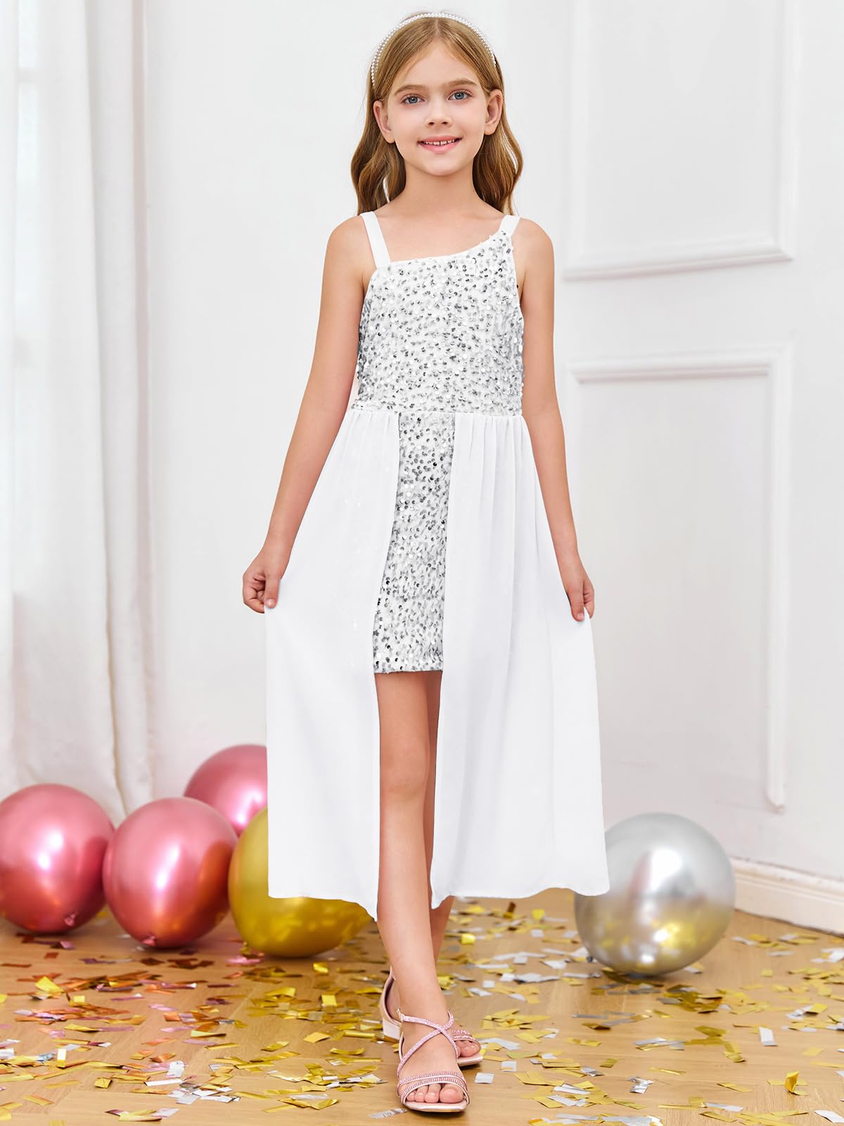 Haloumoning Robe à paillettes pour fille - Robe formelle à une épaule