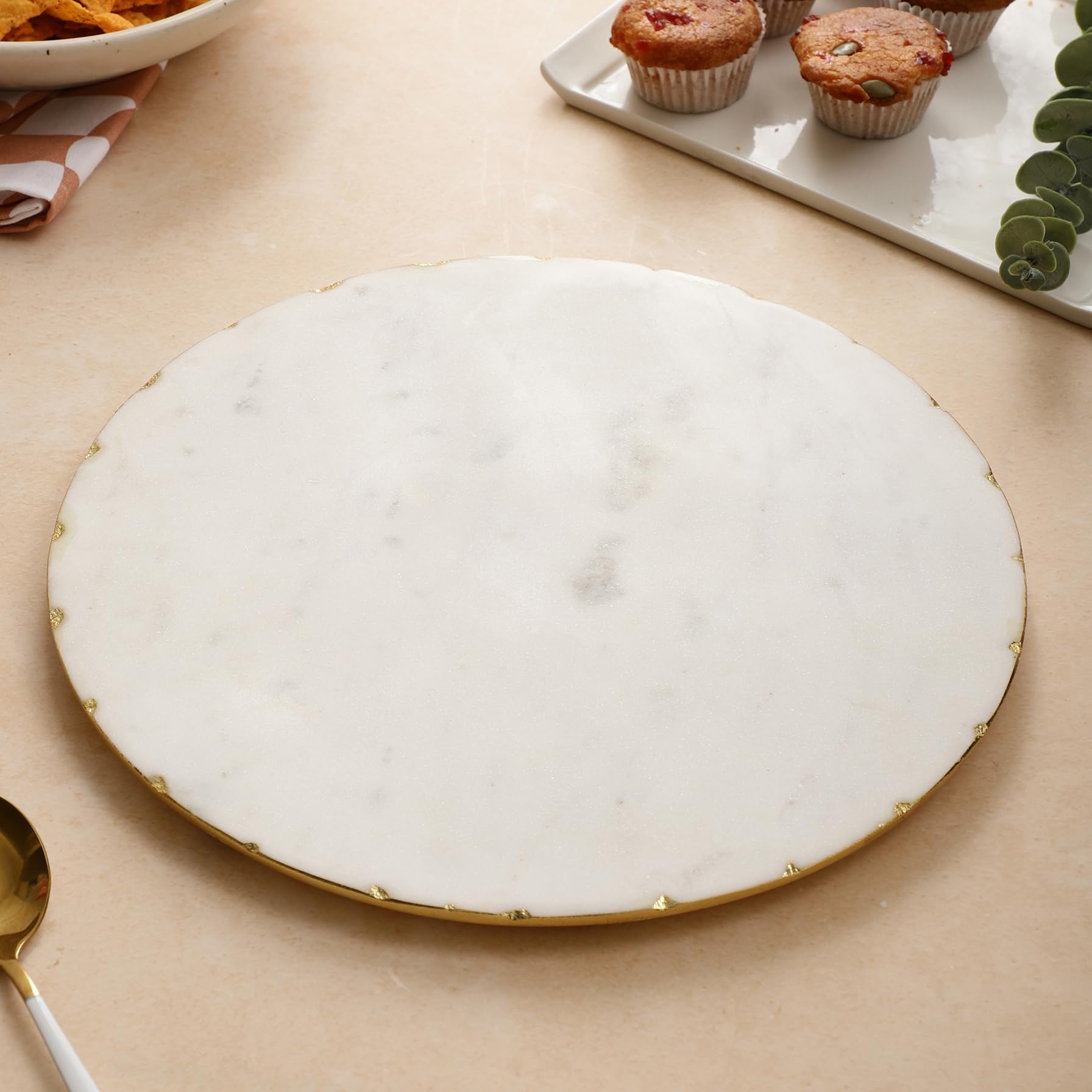 NikkisPride Handmade Marble White Pizza Platter Cheese Platter Serving Platter and Snacks Gold Foil (12 Inch)