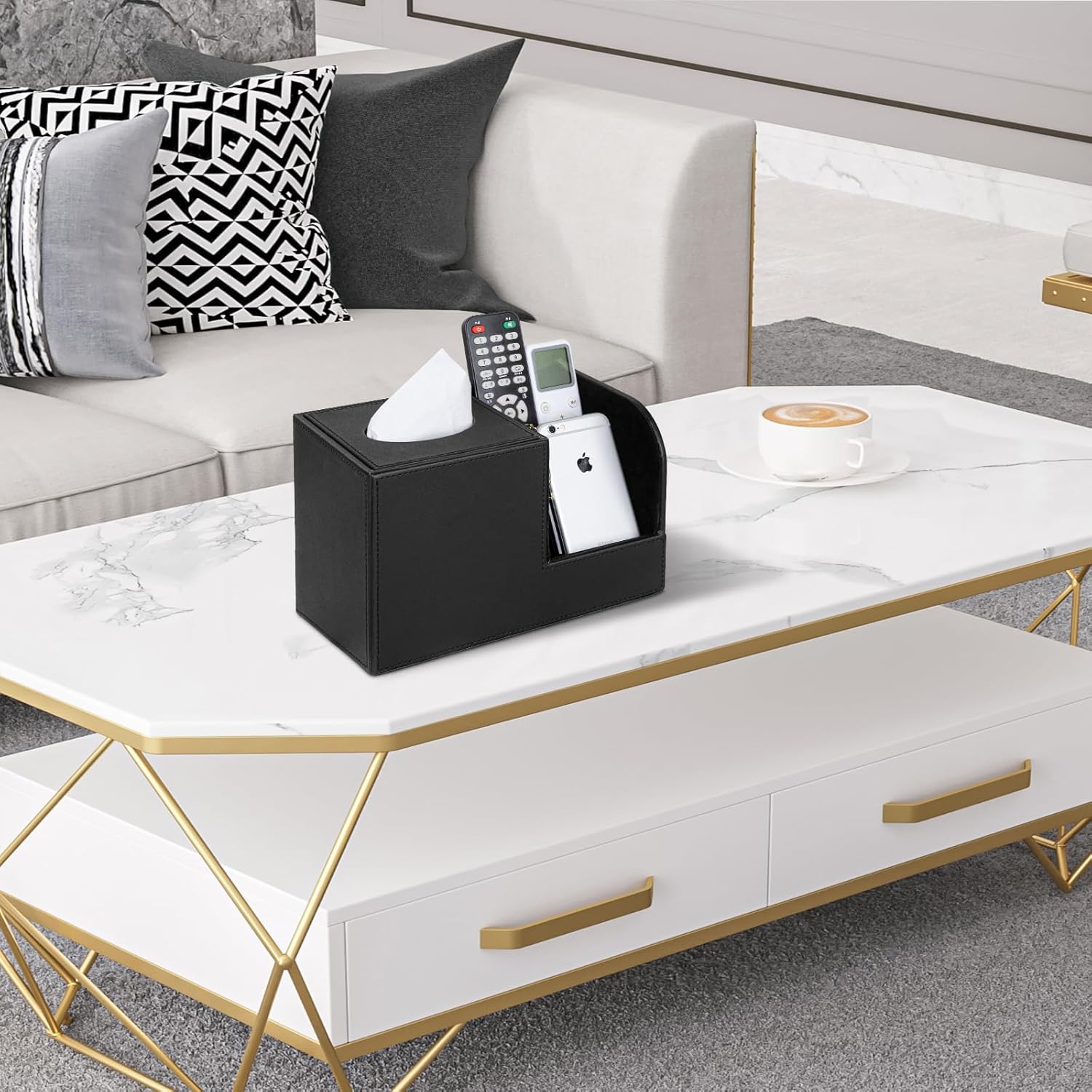 PU Leather Tissue Box Cover with Remote Control Holder, Square Tissue Box Holder for Living Room Bathroom Office (Black)