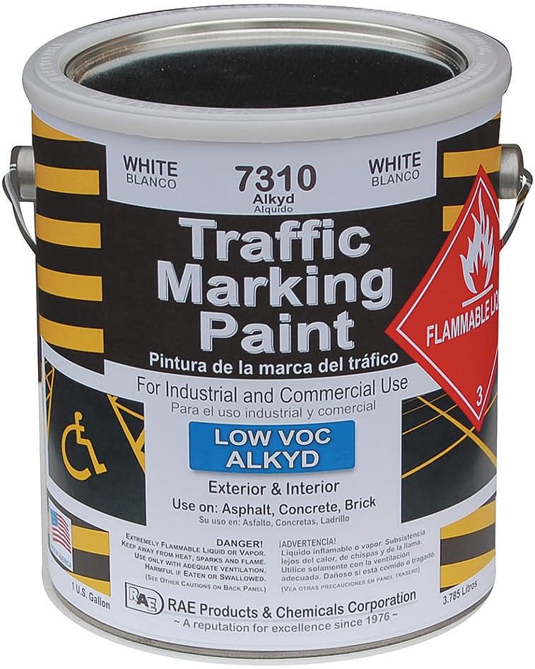 RAE 7310 - WHITE ALKYD TRAFFIC & ZONE MARKING PAINT – professional grade road & parking lot paint for stencils, parking stall, crosswalks, stop bars, and zone painting or marking – Solvent-based for extra durable wear resistance for heavy traffic