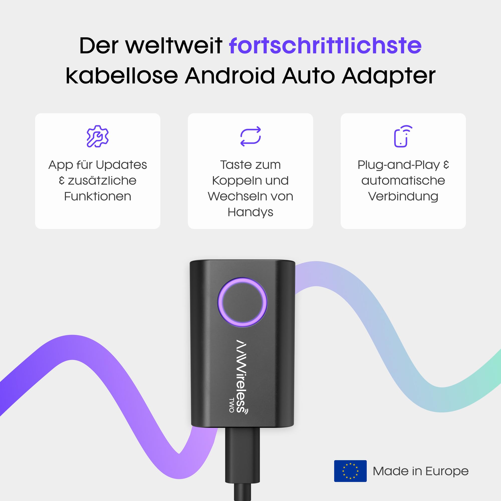 AAWireless Two Wireless Android Auto Adapter – Kabelloses Android Auto für Ihr Auto – Schnelle Verbindung ohne Kabel – Plug & Play – Stabile Verbindung – Multifunktionstaste