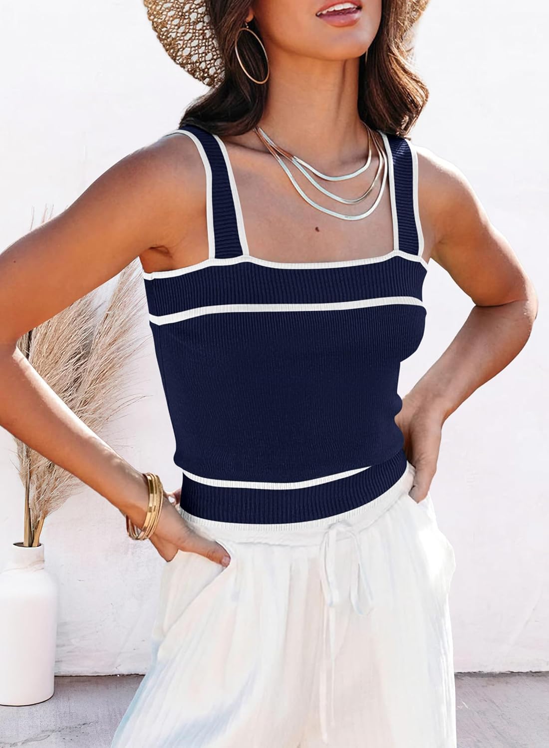 NALANISA Women's Trendy Summer Square Neck Crop Tank Tops 2026 Casual Color Block Knit Sleeveless Slim Fit Y2k Cami Shirts - Image 5