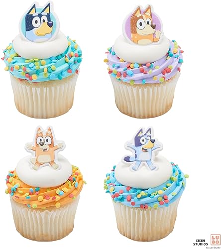 Miniatura 10 de DecoPac Bluey So Much Fun Anillos, 24 decoraciones para cupcakes con Bluey, Bingo, Bandit y Chilli, 3D seguros para alimentos, paquete de 24