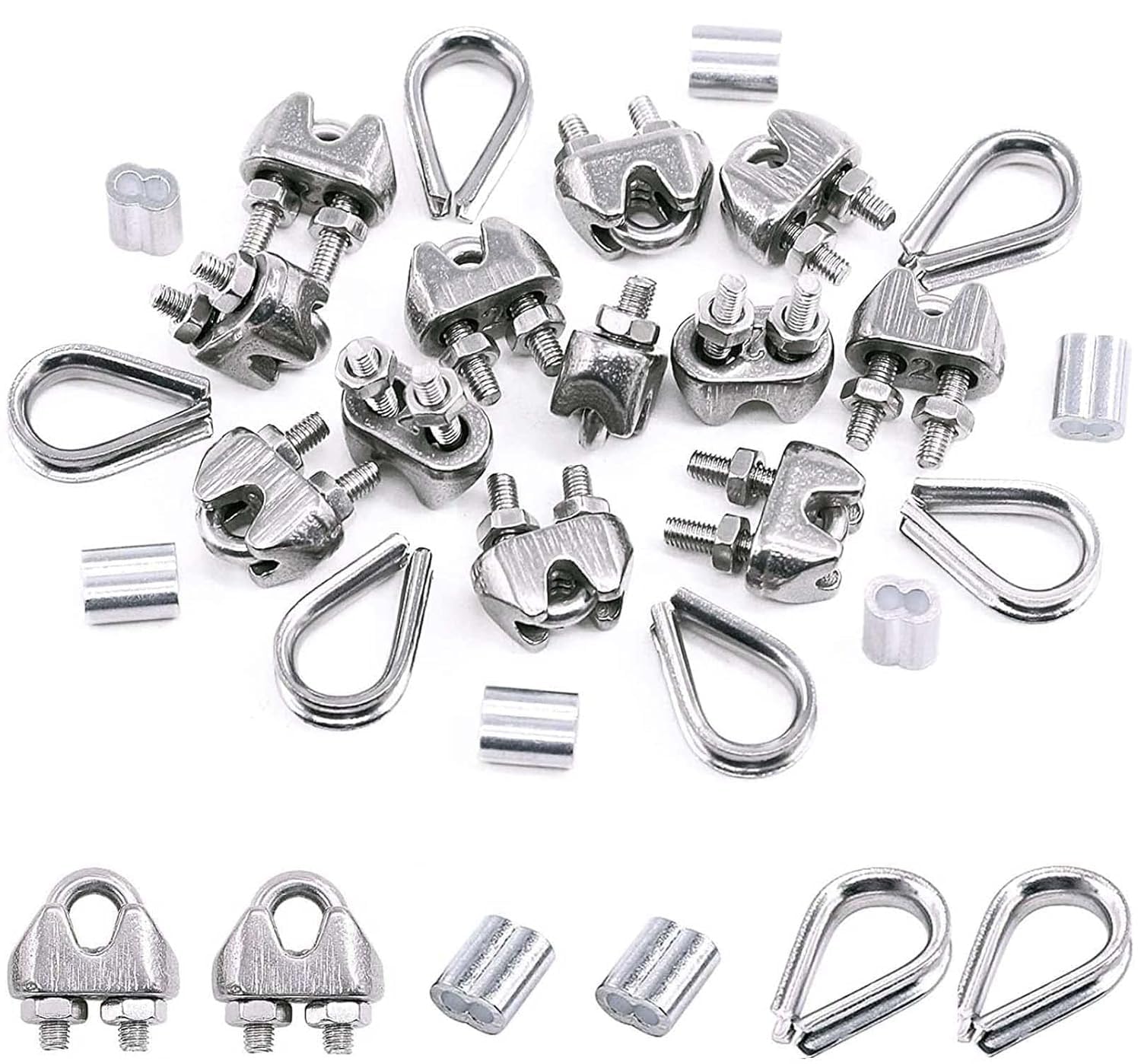 DIY Crafts 1x Set, M2 (1/16") Wire Rope Accessory Set M2 Wire Rope Cable Clip Clamp, M2 304 Steel Thimble 2mm Aluminum Crimping Loop Sleeve Perfect for 1/8 inch Wire Rope Cable 6xPcs Below (1x Set)-picture-12