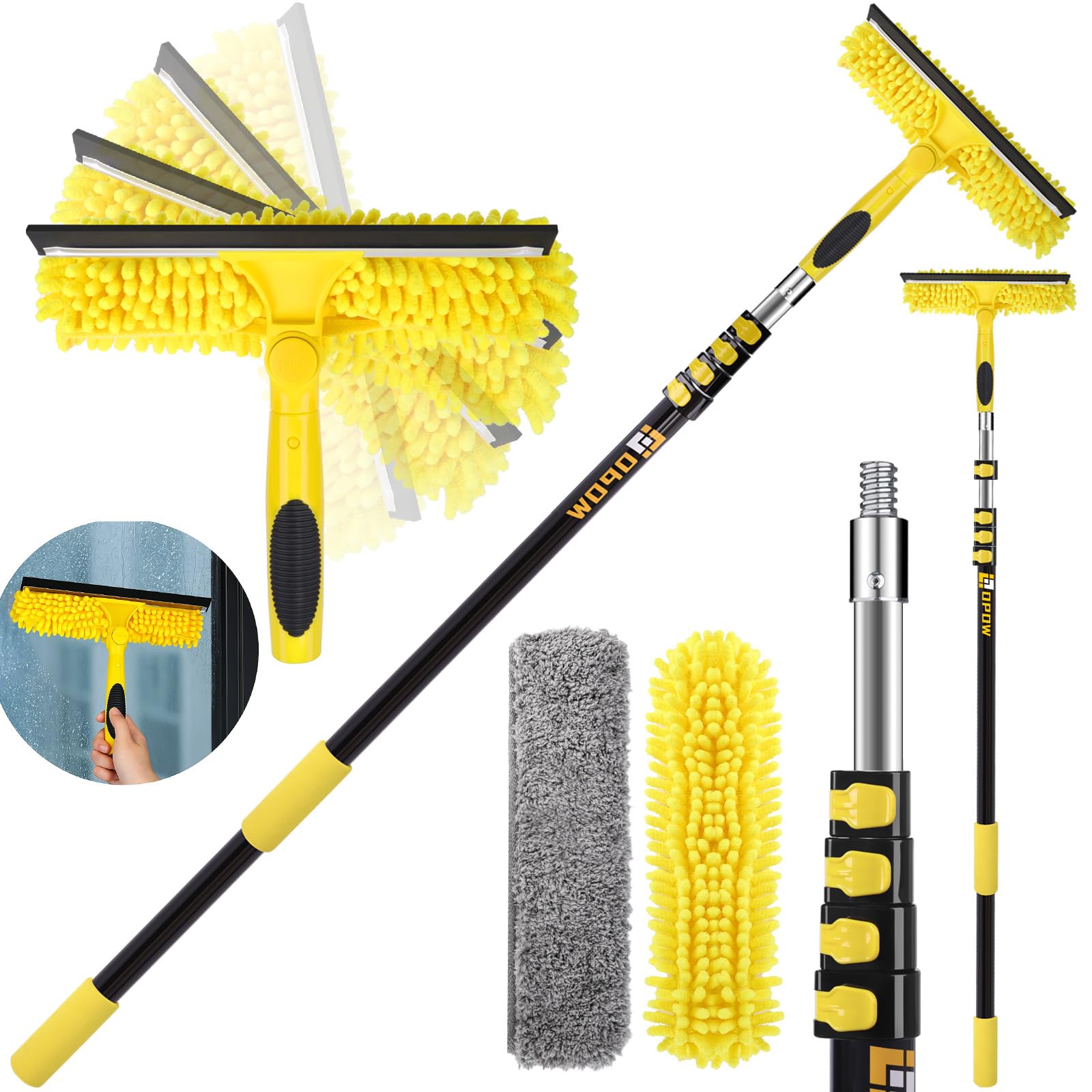 225'' Long Reach Window Squeegee with Telescoping Extension Pole, 2-in-1 Indoor/Outdoor Cleaning Tool with 270° Rotatable Head, Lightweight Alloy Aluminum Pole for Shower Door, Mirror, Car Windshield