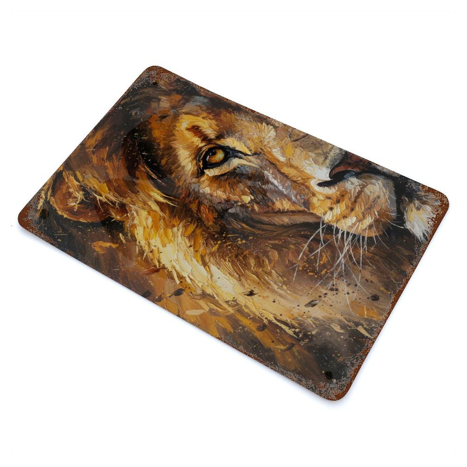 Lion Portrait Oil Painting Aged Metal Wall Plaque 11.8"x7.9", Farmhouse Wall Decor for Office, Studio And Wall Decor