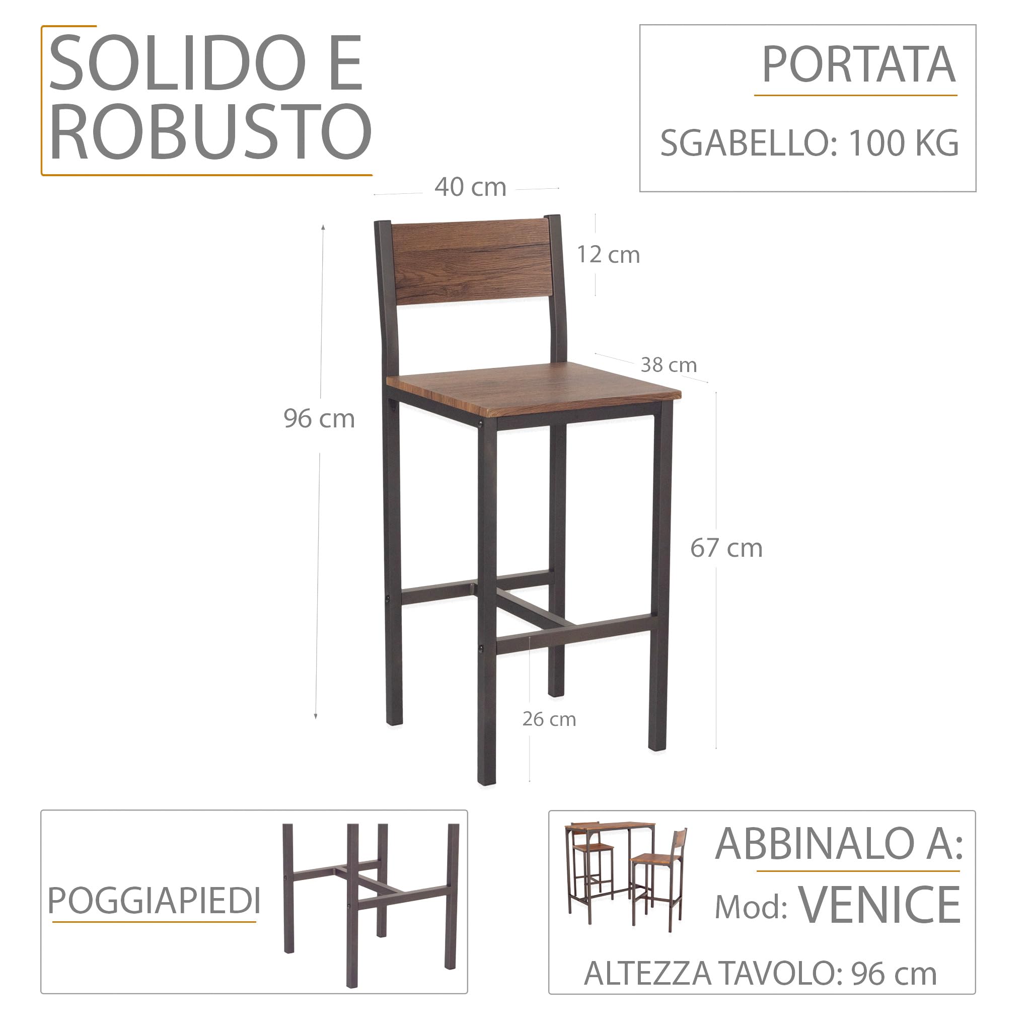yelloo - Sgabelli Bar (Set da 2) Sgabelli Cucina Ideale per Isola Cucina, Sgabelli da Bar per Mobile Bar e Tavolo Bar, Struttura in Metallo (Set da 2 Sgabelli Venice)