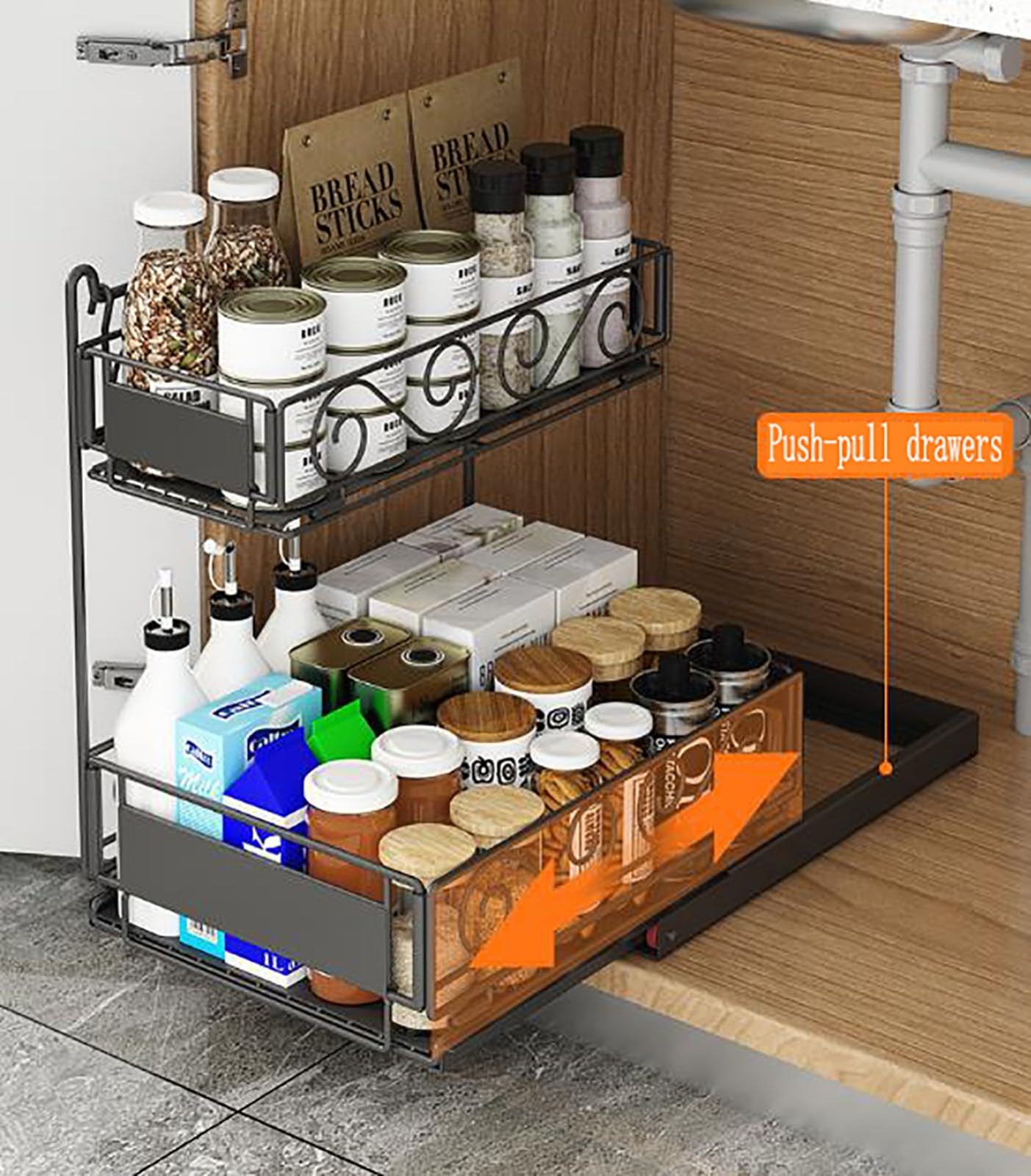 ELZEM Organizador Bajo Fregadero Cocina, Metal 2 Niveles Organizador Extraíble Estante Almacenamiento Debajo Fregadero Forma L, Estante Almacenamiento Integrado Multifuncional Fácil Montar A