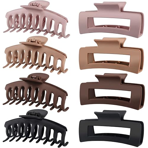 TOCESS Big Hair Claw Clips for Women - Neutral Large Claw Clip for Thin Thick Curly Hair 90's Strong Hold 4.33 Inch Nonslip Matte Jumbo Hair Clips (8 Pcs)