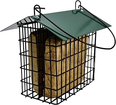 Backyard Essentials Double Suet Feeder with Green Metal Roof, Holds 2 Suet Cakes, Hanging Bird Feeder for Woodpeckers, Blu...
