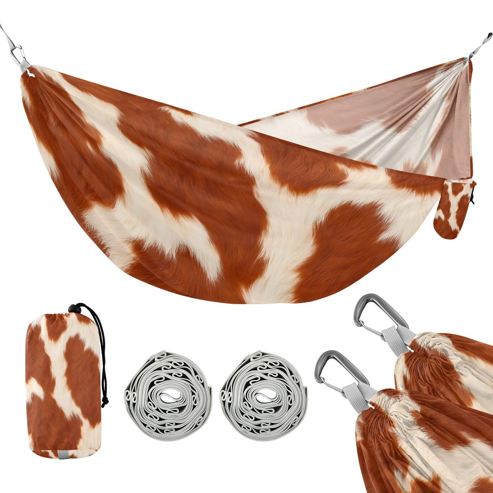 ATTX Brown and White Cow Camping Hammock - Lightweight & Portable Hammocks, Heavy Duty 330lbs Capacity for Indoor, Hiking, Backpacking, Travel, Backyard, Beach#154
