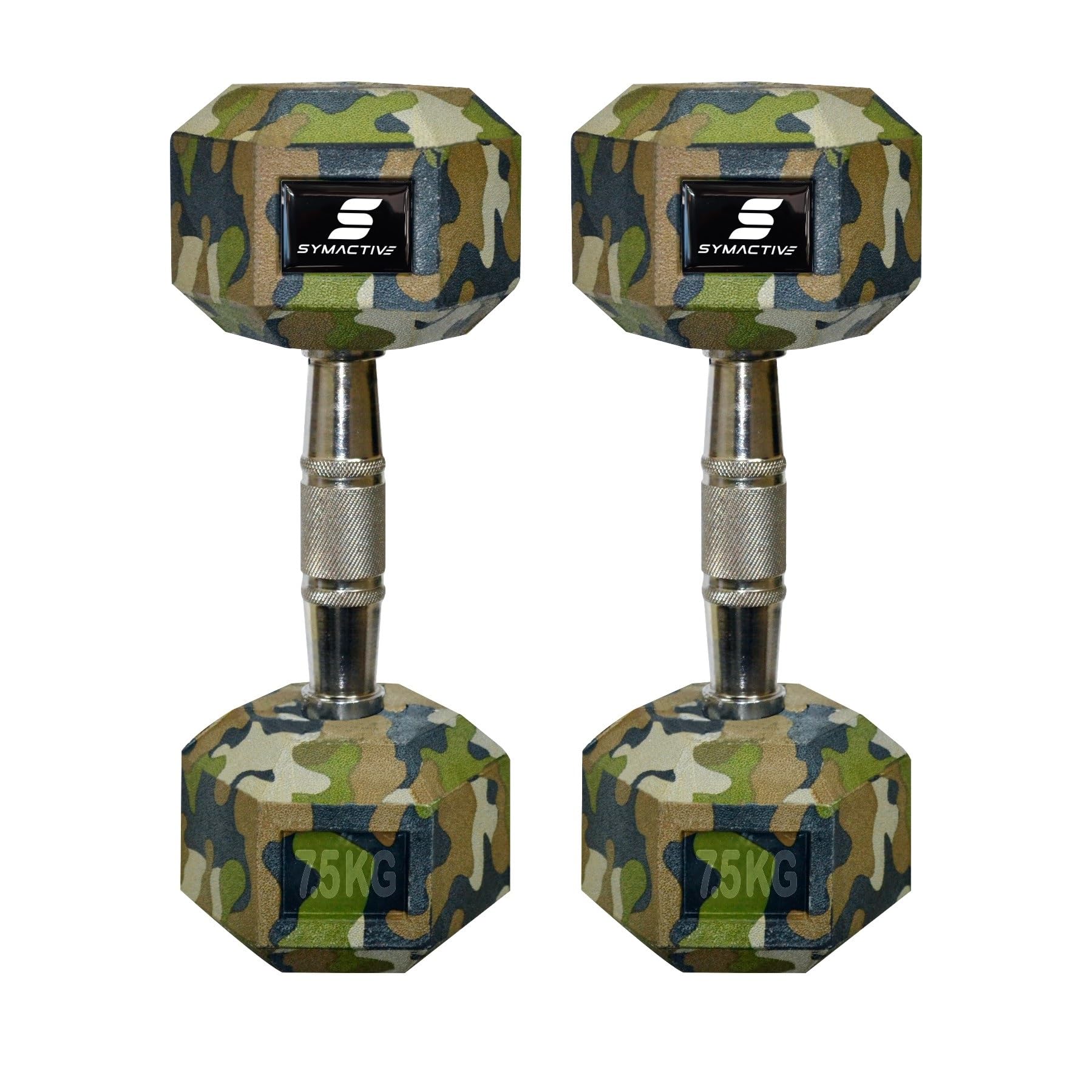 Amazon Brand - Symactive Rubber Coated 15 Kg Hex Dumbbells Set for Full Body Workout (Set of 2, 7.5 Kg, Camouflage)